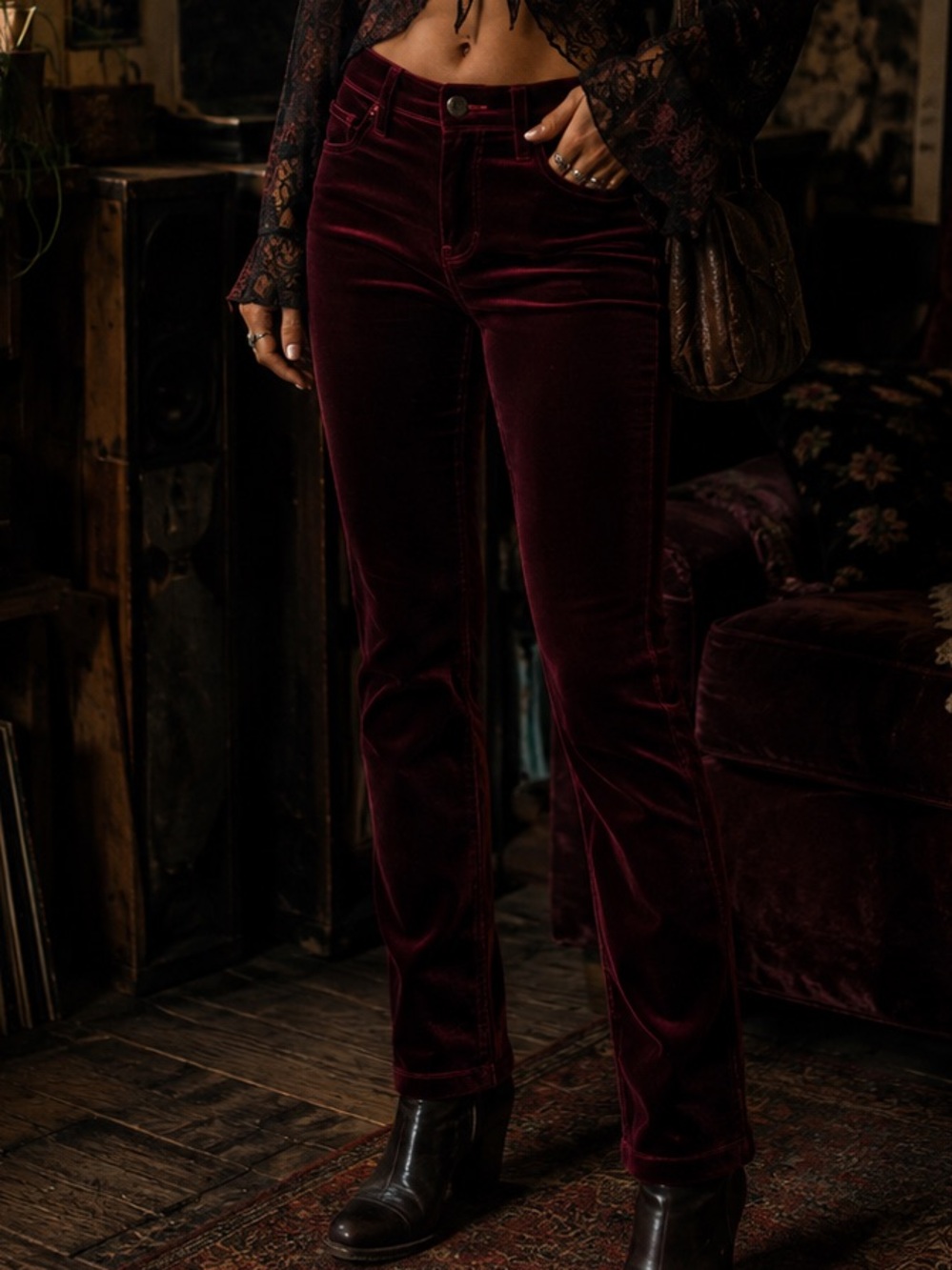 Blank NYC Burgundy Velvet Crybaby Skinny Pants Whimsigoth Grunge Indie Rock